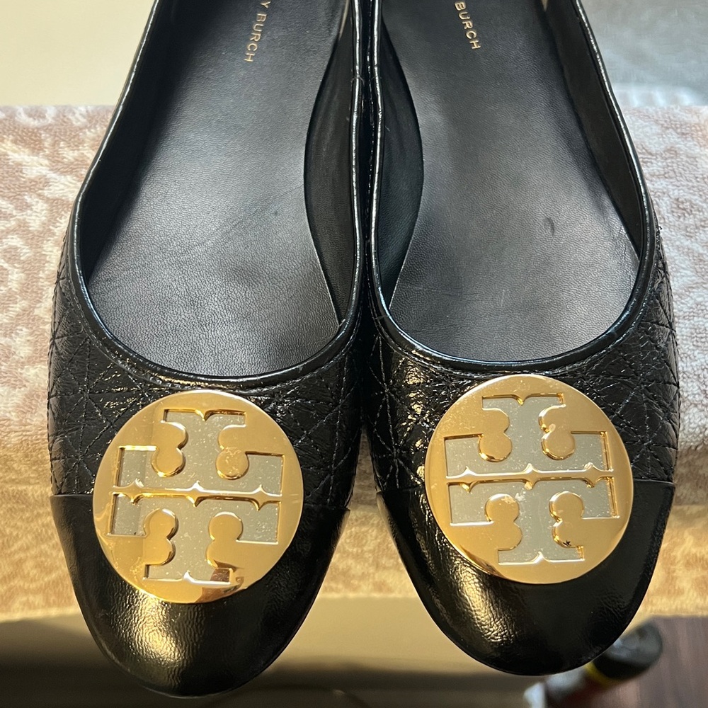 Tory Burch Quilted Black Flats with Gold and Silver Logo LIKE NEW